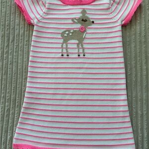 Vintage-ish Gymboree Neon Pink and White Striped Knit Sweater Dress Reindeer